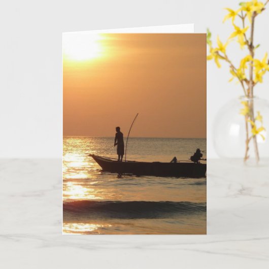 Vissende boot op zonsondergang kaart (Gele Bloem)
