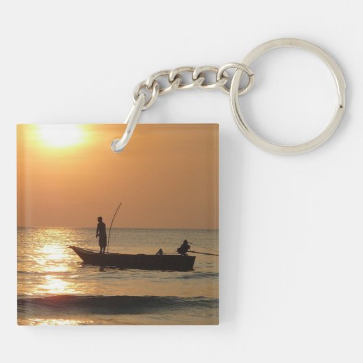 Vissende boot op zonsondergang sleutelhanger (Achterkant)