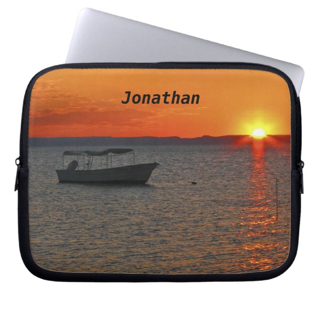 Vissende boot, Oranje zonnebank, naam, computer Laptop Sleeve (Voorkant)
