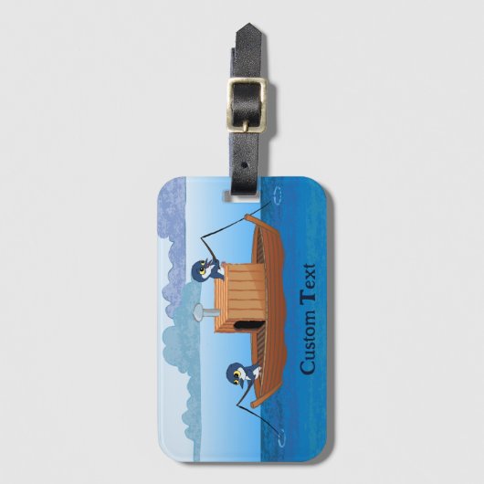 Vissende bootpinguïns - schattige pinguïn cartoon bagagelabel (Voorkant (verticaal))