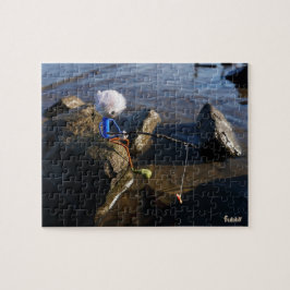 Vissende Fubby op een steen. Legpuzzel