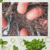 Vissende netten, drijvers en touw op de haven theedoek (Gevouwen)