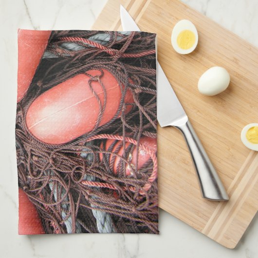 Vissende netten, drijvers en touw op de haven theedoek (Quarter Fold)