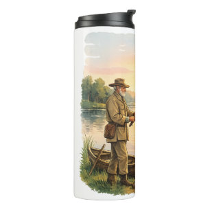 Visser bij zonsondergang aan het meer Vintage kuns Thermosbeker