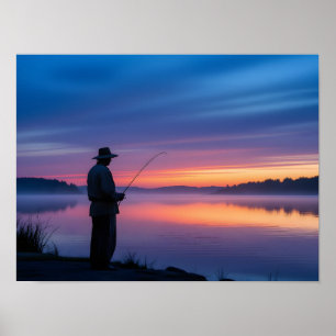 Visser bij zonsondergang poster
