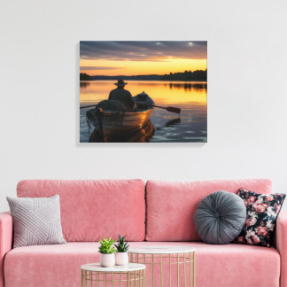 Visser in een houten roeiboot canvas afdruk