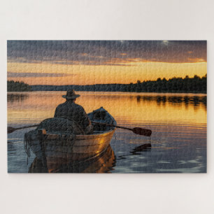 Visser in een houten roeiboot legpuzzel