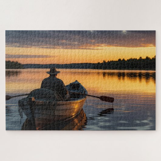 Visser in een houten roeiboot legpuzzel (Horizontaal)