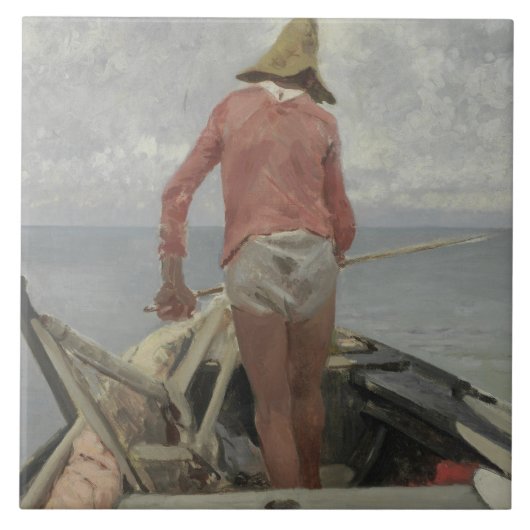 Visser in zijn boot (door Vincenzo Caprile) Tegeltje (Voorkant)