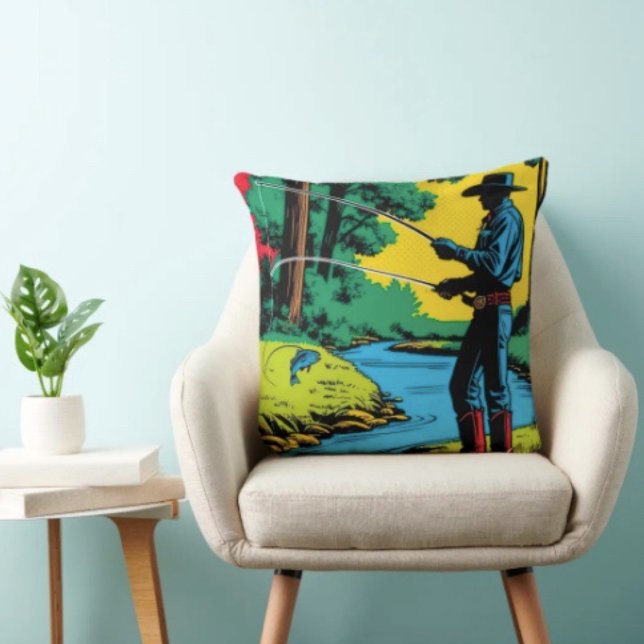 Visser op de rivieroever kussen (Retro Cowboy Fishing Riverside Scene pillow high quality 100% polyester hidden zipper enclosure.
)
