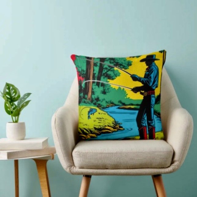 Visser op de rivieroever kussen (Fisherman on Riverbank Throw Pillow High quality 100% polyester hidden zipper enclosure.)