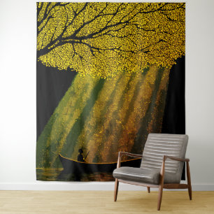 Visser 's nachts onder enorm bladerdak wandkleed