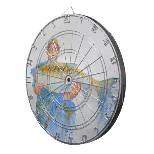 Visser waterverf schilderij visgeschenk voor hem dartbord (Voorkant Rechts)