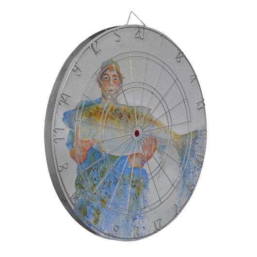 Visser waterverf schilderij visgeschenk voor hem dartbord (Voorkant Links)