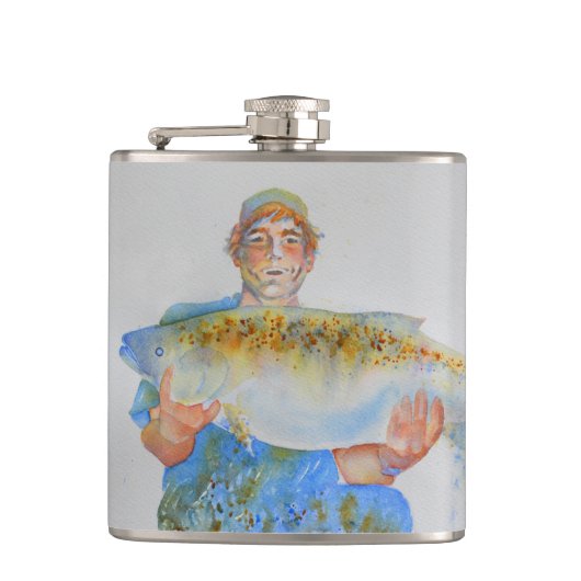Visser waterverf schilderij visgeschenk voor hem heupfles (Voorkant)