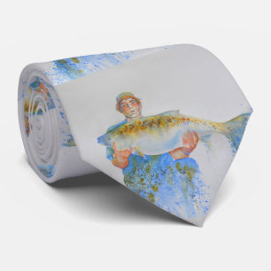 Visser waterverf schilderij visgeschenk voor hem stropdas