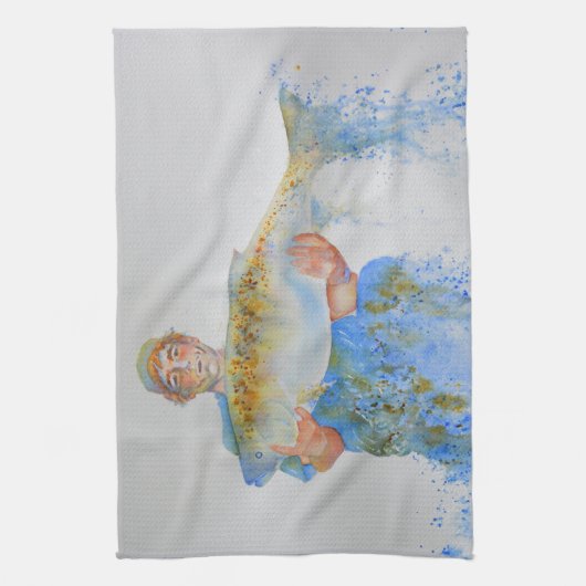 Visser waterverf schilderij visgeschenk voor hem theedoek (Verticaal)