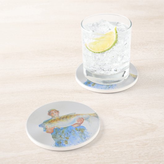 Visser waterverf schilderij visgeschenk voor hem zandsteen onderzetter (Zijkant)