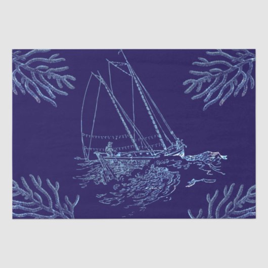 Visser Zeilboot Koralen op Navy Blue Tissuepapier (Voorkant)