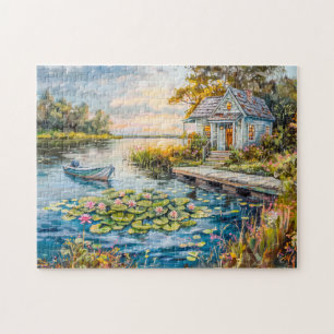 Visserij Cottage aan het Meer met Waterlelies Legpuzzel