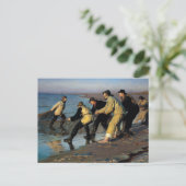 Vissers die een net op de Noordstrand van Skagen d Briefkaart (Staand voorkant)