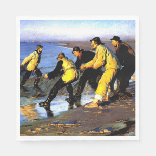 Vissers die het net op de noordstrand van Skagen d Servetten