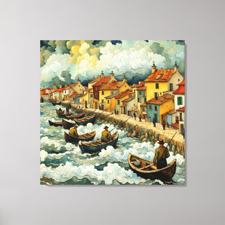 Vissers op Boten in Stormachtig Zee Van Gogh Stijl Canvas Afdruk