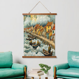 Vissers op Boten in Stormachtig Zee Van Gogh Stijl Hangend Wandkleed