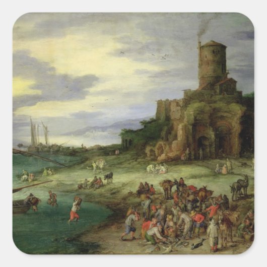 Vissers op de kust vierkante sticker (Voorkant)