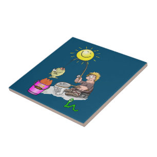 Vissers, vissen, zon, blauw Tegel Tegeltje