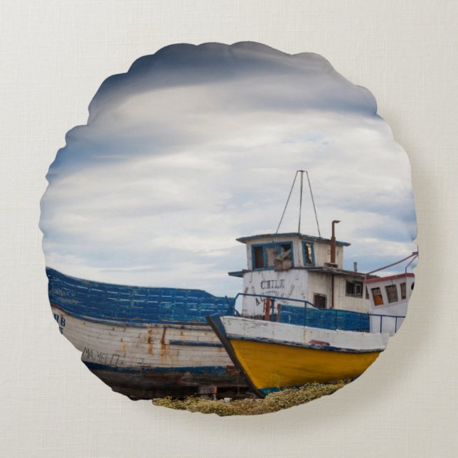 Vissersboten Rond Kussen (Voorkant)