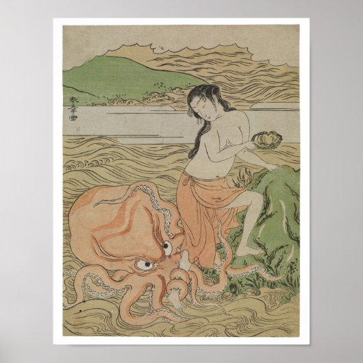 vissersmeisje met een octopus, Retro Japan Poster (Voorkant)
