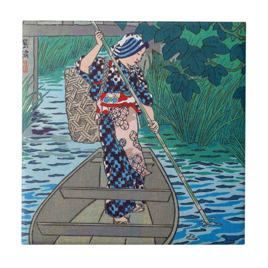 Vissersvrouw voor de oosterse japanse rivierboot tegeltje (Voorkant)