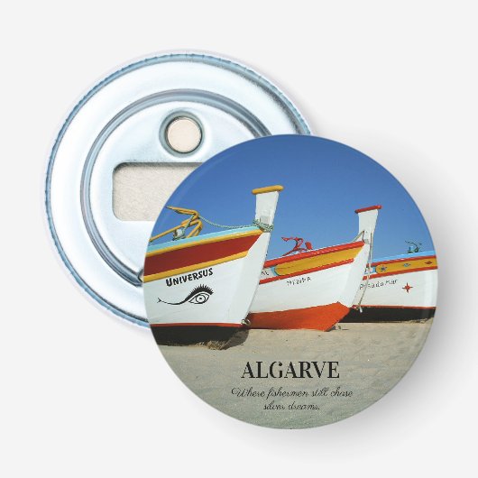 Vist boten op Algarve's Beach Foto Button Flesopener (Voorkant)