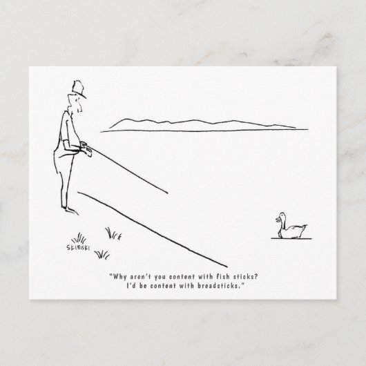 Vist Briefkaart met een meer, een visser en een ei (Voorkant)