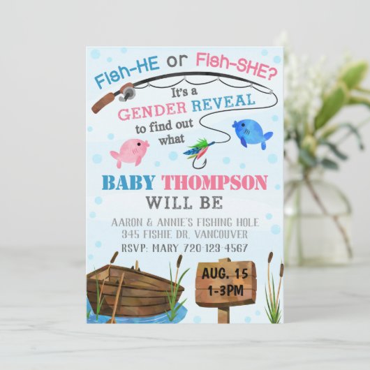 Vist Gender onthulling Uitnodiging, Fish-HE Fish-S Kaart (Staand voorkant)