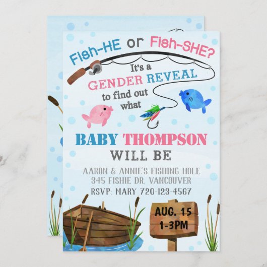 Vist Gender onthulling Uitnodiging, Fish-HE Fish-S Kaart (Voorkant / Achterkant)