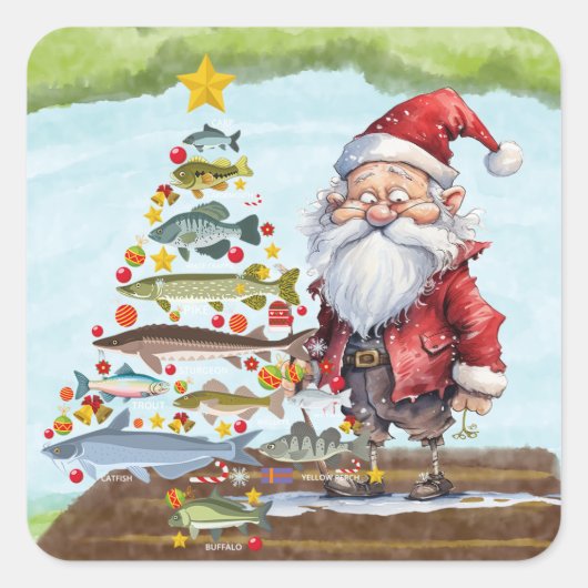 Vist kerst met de Kerstman Vierkante Sticker (Voorkant)