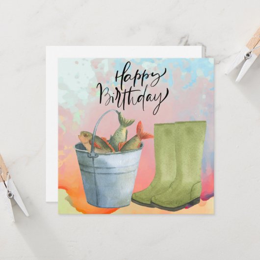 Vist liefhebbers verjaardag met waterverf van de V Kaart (Voorkant / Achterkant in situ)