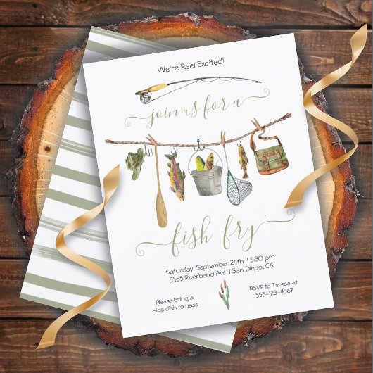 Vist Reel Fish Fry Clothesline Invitation Kaart