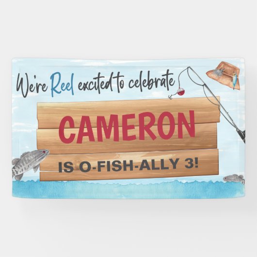 Vist Reel in een plezier, elke Age Birthday Party Spandoek (Horizontaal)