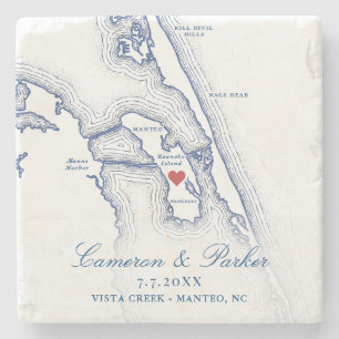 Vista Creek Trouw Manteo NC Kaart Navy Blauwe Favo Stenen Onderzetter