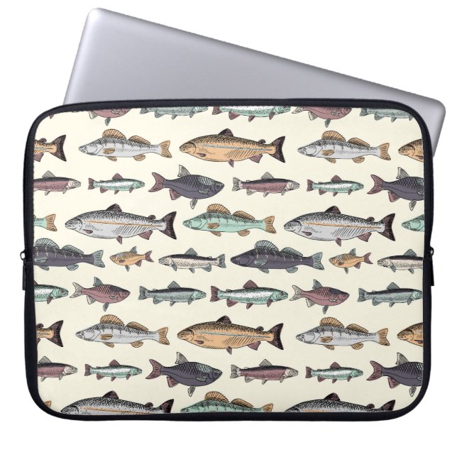  vistekeningen, naadloos patroon. laptop sleeve (Voorkant)