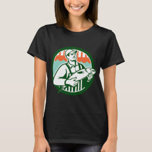 Visverkoper die vis cirkel retro vasthoudt t-shirt