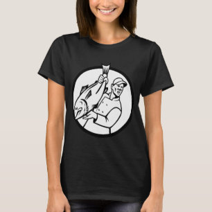 Visverkoper die vis vasthoudt en verkoopt binnen c t-shirt