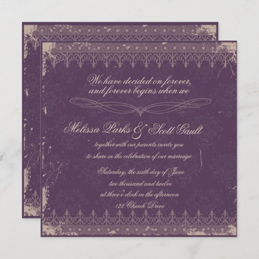 Vitage eggplant damask bruiloft uitnodiging (Voorkant / Achterkant)