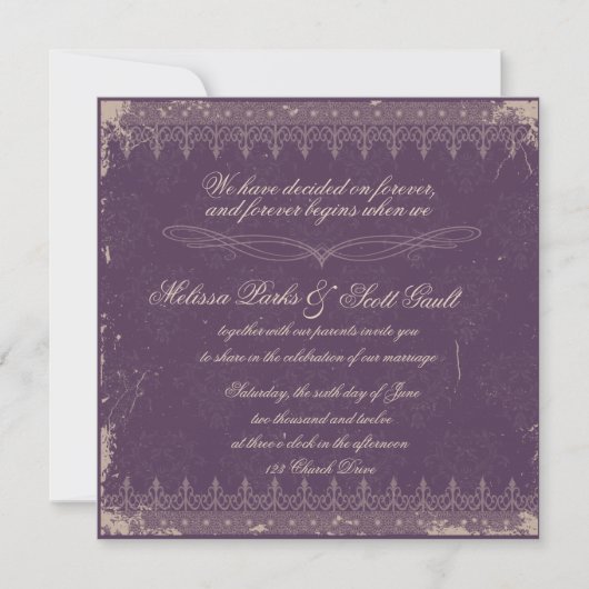 Vitage eggplant damask bruiloft uitnodiging (Voorkant)