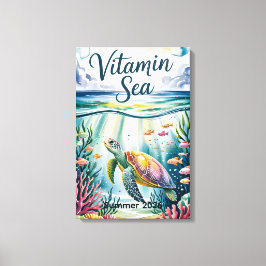 Vitamine Zee Aquarel Zeeschildpad Onderwater Koraa Canvas Afdruk
