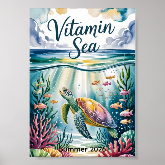 Vitamine Zee Aquarel Zeeschildpad Onderwater Koraa Poster (Voorkant)