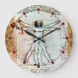 VITRUVIAN MAN Antiek Parchment Red Ruby Gemstenen Grote Klok